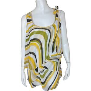 Worthington Woman Black Yellow White Marble Tank Size 1X Bow Detail Sheer NWT